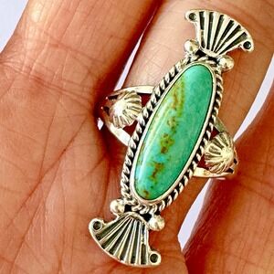 Navajo Turquoise Ring Sz 9 Long Sterling‎ Benally Native American